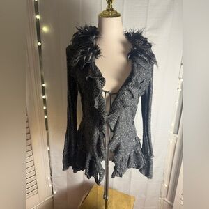 La Seine Black and Gray Chunky Knit Cardigan with Fuzzy Trim Boho Goth Medium